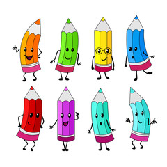 Set of colored pencils. Funny characters. Live pencil with emotions. School theme. Interesting forces.