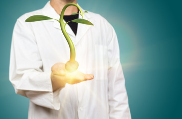 Young white scientist holding germinating seed on a blue gradient background 3d rendering. Concept for agronomy research, nutrition, biochemistry, growth experiment and microbiology.