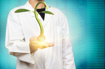 Young white scientist holding germinating seed on a modern blue virtual screen interface background 3d rendering. Concept for agronomy research, nutrition, biochemistry and growth experiment.