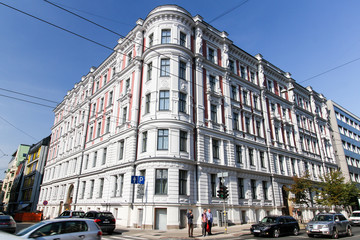 Fototapeta premium Beautiful view of renovated home in Latvia Capital Riga, with fantastic exterior with details and sculptures.