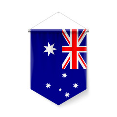 Vertical Pennant Flag of Australia as Icon on White with Shadow Effects. Patriotic Sign in Official Color and Flower, Australian Flag with Metallic Poles Hanging on the Rope