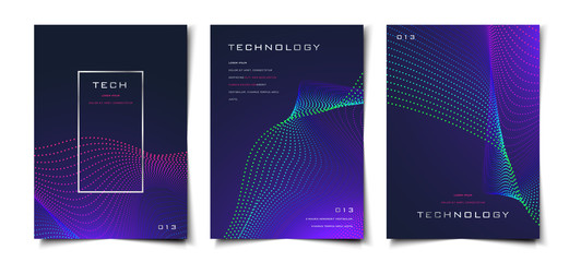 Set of digital technology abstract futuristic dotted flowing wavy particles background layout, cover, poster, wallpaper design template