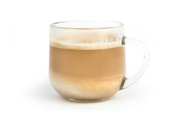 coffee with milk layers, cappuccino  in a glass cup on a white background