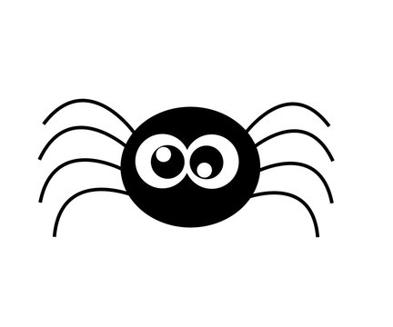 Cartoon illustration. Crazy black spider with squinting eyes. Isolated on white background.