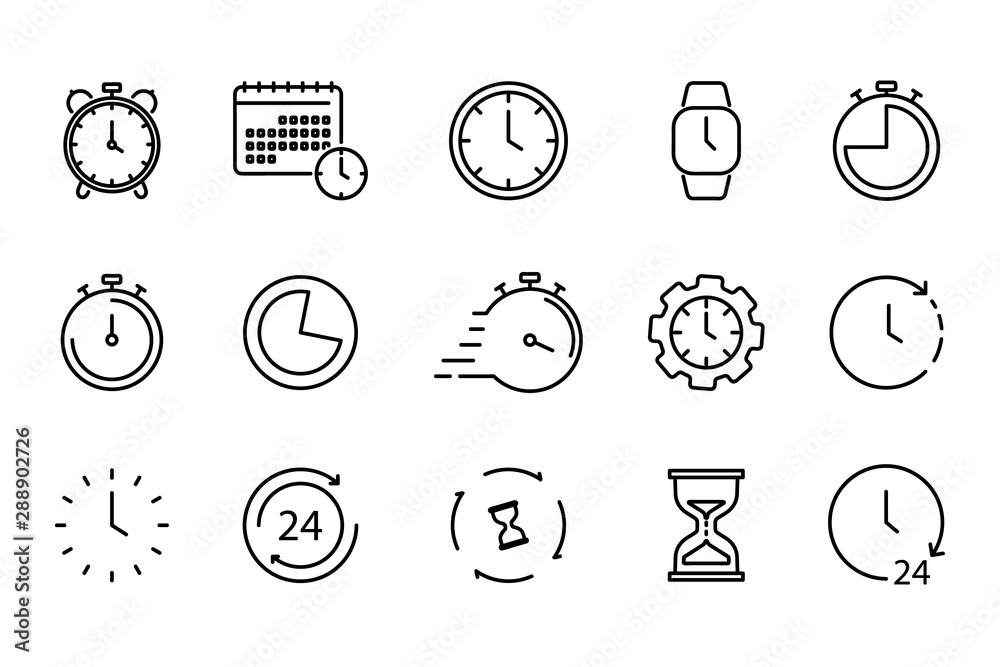 Poster Time and Clock set of linear icons. Time management. Timer, Speed, Alarm, Restore, Time Management, Calendar and more. Collection of time, clock, watch, timer vector simple outline icons for web