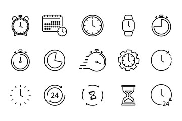 Time and Clock set of linear icons. Time management. Timer, Speed, Alarm, Restore, Time Management, Calendar and more. Collection of time, clock, watch, timer vector simple outline icons for web