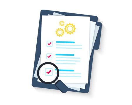 Service clipboard. Clipboard or checklist. Technical check list. Technical support check list, magnifying glass solution, software upgrade. Testing services. Technical terms and conditions