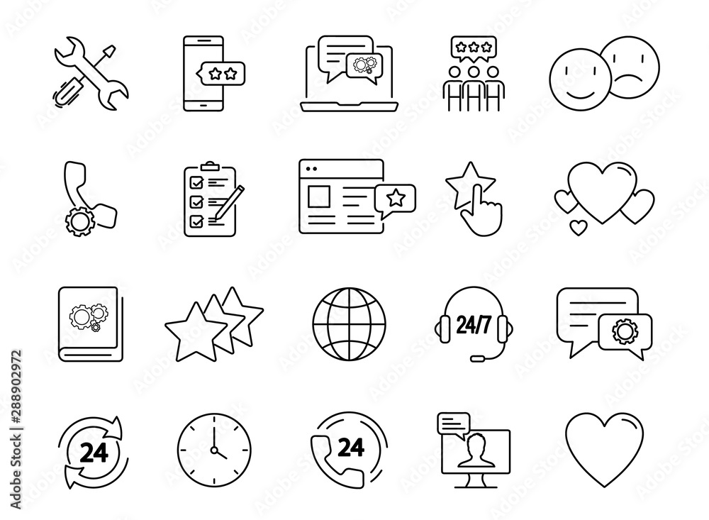 Poster customer service. simple set of feedback line icons, contains such icons as customer relationship ma