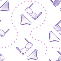 Seamless pattern with women's panties and bra. Underwear with heart print. Vector illustration