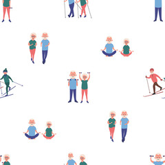 Happy elderly man and woman goes in for sports set. Skiing, dumbbell exercises, running, yoga, nordic walking. Elderly people active lifestyle seamless pattern. Vector illustration