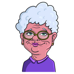 funny illustration of an old granny with touped light gray hair and purple top. face, avatar, emtotion, vector.