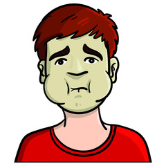 young man with green face. nausea, emotions, emoji, illustration, comic, avatar, puke, ill.