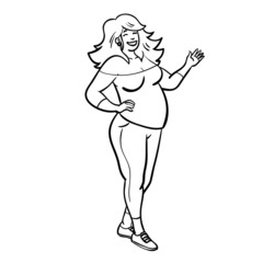 a chubby woman who laughs, is in sporty clothes there and points to the side.  Cartoon, illustration, monochrome, presentation.