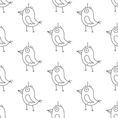 Cute cartoon bird pattern with cheerful birds. Funny vector black and white bird pattern. Seamless monochrome bird pattern for textile, wallpapers, wrapping paper, cards and web.