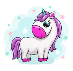 Unicorn baby cute print. Sweet tiny pony. Cool animal with star background