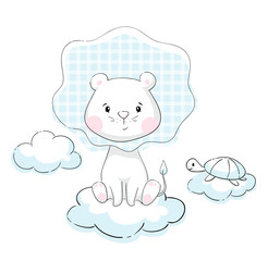 Lion and turtle on cloud baby cute print. Sweet tiny animals. Little animal illustration