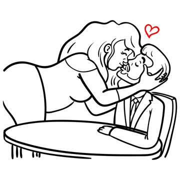 a woman is standing at the table and bending over to kiss a man.  chubby woman, cartoon, monochrome.