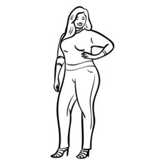 Cartoon drawing of a fat woman proudly holding her hand to her hip and smiling.  monochrome, doodle, sketch.