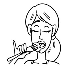 Monochrome comic drawing of a woman holding a fork in her hand with closed eyes and eating something.