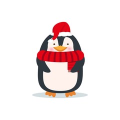 Cute penguin in Santa hat and scarf. Christmas cartoon character.New year holiday card