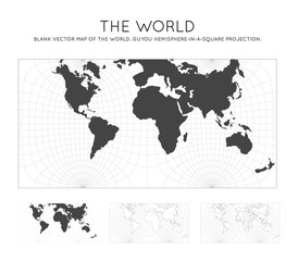 Map of The World. Guyou hemisphere-in-a-square projection. Globe with latitude and longitude lines. World map on meridians and parallels background. Vector illustration.