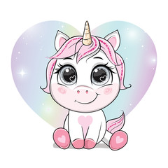 Vector cartoon unicorn over rainbow background in the heart shape. © trikenirreligious