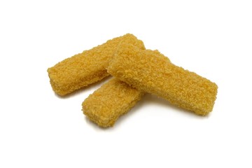 Fish sticks with crumbs on  white background