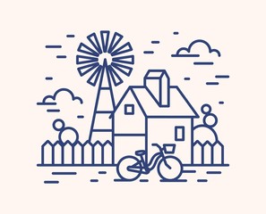Rural house, farm outline vector illustration. Blue linear farmland isolated on white background. Building with fence, wind pump and bicycle monocolor line art signs. Countryside cottage, ranch.