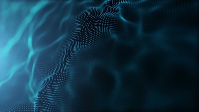 Abstract blue surface shape and light particles in organic motion. 4K seamless loop with depth of field. Technology and science motion background