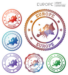 Europe badge. Colorful polygonal continent symbol. Multicolored geometric Europe logos set. Vector illustration.