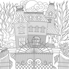 Line art design of haunted house victorian style, Happy Halloween them, for printing, adult coloring and other design element. Vector illustration