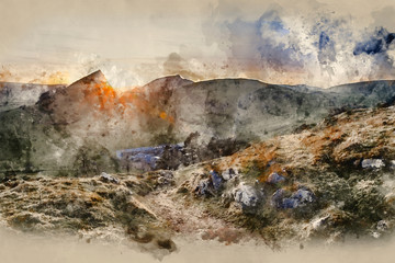 Digital watercolor painting of Parkhouse Hill and Chrome Hill in Peak District at sunset.