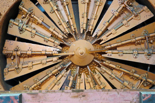 Closeup of the front of a historic railway rotary snowplough /snowplow