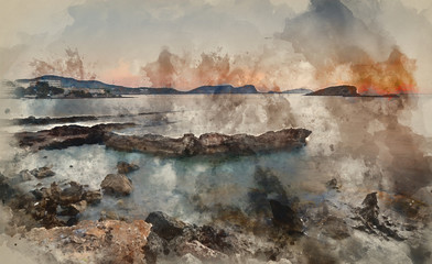 Naklejka na ściany i meble Digital watercolor painting of Sunrise over rocky coastline on Meditarranean Sea landscape in Summer
