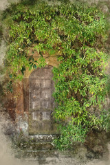 Naklejka premium Digital watercolor painting of Beautiful vintage Victorian mansion entrance door surrounded by plants and tree