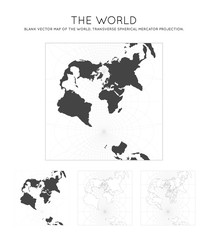 Map of The World. Transverse spherical Mercator projection. Globe with latitude and longitude lines. World map on meridians and parallels background. Vector illustration.