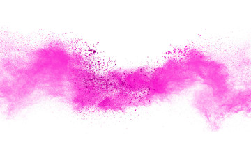 Pink powder explosion on white background. Paint Holi.