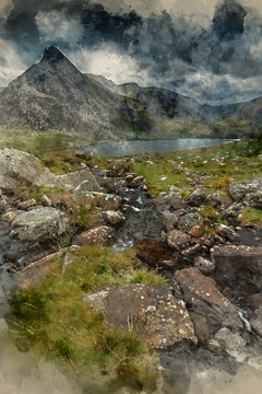 Digital watercolor painting of Stunning landscape image of countryside around Llyn Ogwen in Snowdonia