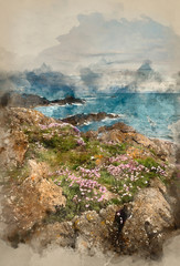 Digital watercolor painting of Beautiful landscape image of rocky beach with Snowdonia mountain range in background at sunset