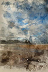 Naklejka na ściany i meble Digital watercolor painting of Beautiful blue sky morning landscape over sandy Three Cliffs Bay
