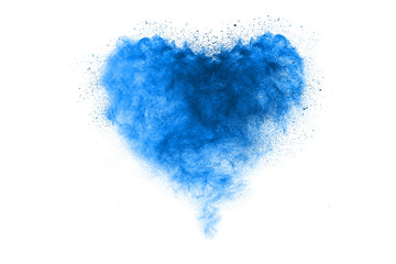 Blue sky color powder explosion on white background.