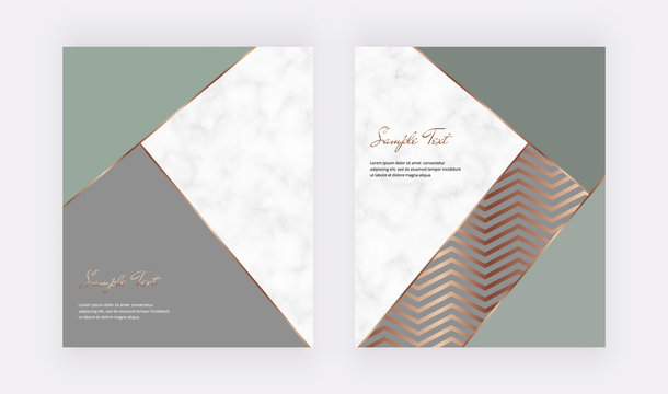 Geometric golden lines on the marble texture. Cover design with marble frames, golden chevron lines. Template for wedding invitation, blog posts, banner, card, save the date, poster, flyer	