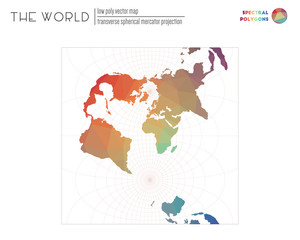 Abstract world map. Transverse spherical Mercator projection of the world. Spectral colored polygons. Elegant vector illustration.