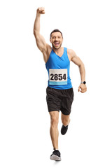 Man running a marathon and gesturing with hand