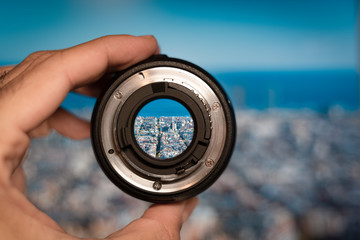 Barcelona general view through camera lens. Photography and travel concept. - Powered by Adobe