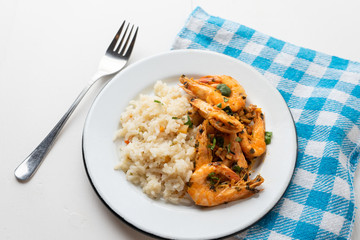 Garlic shrimp also called "al ajillo" with rice