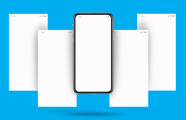 model of a cell phone, social media with cell phone, with four white screens horizontally and a light blue background.