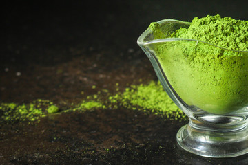 matcha - green tea powder, food supplement, menu concept. food background. copy space