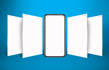 model of a mobile phone with four white screens and turquoise background