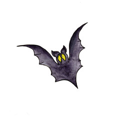 Black bat isolated on white background. Illustration of cute cartoon Halloween bat. watercolor drawing